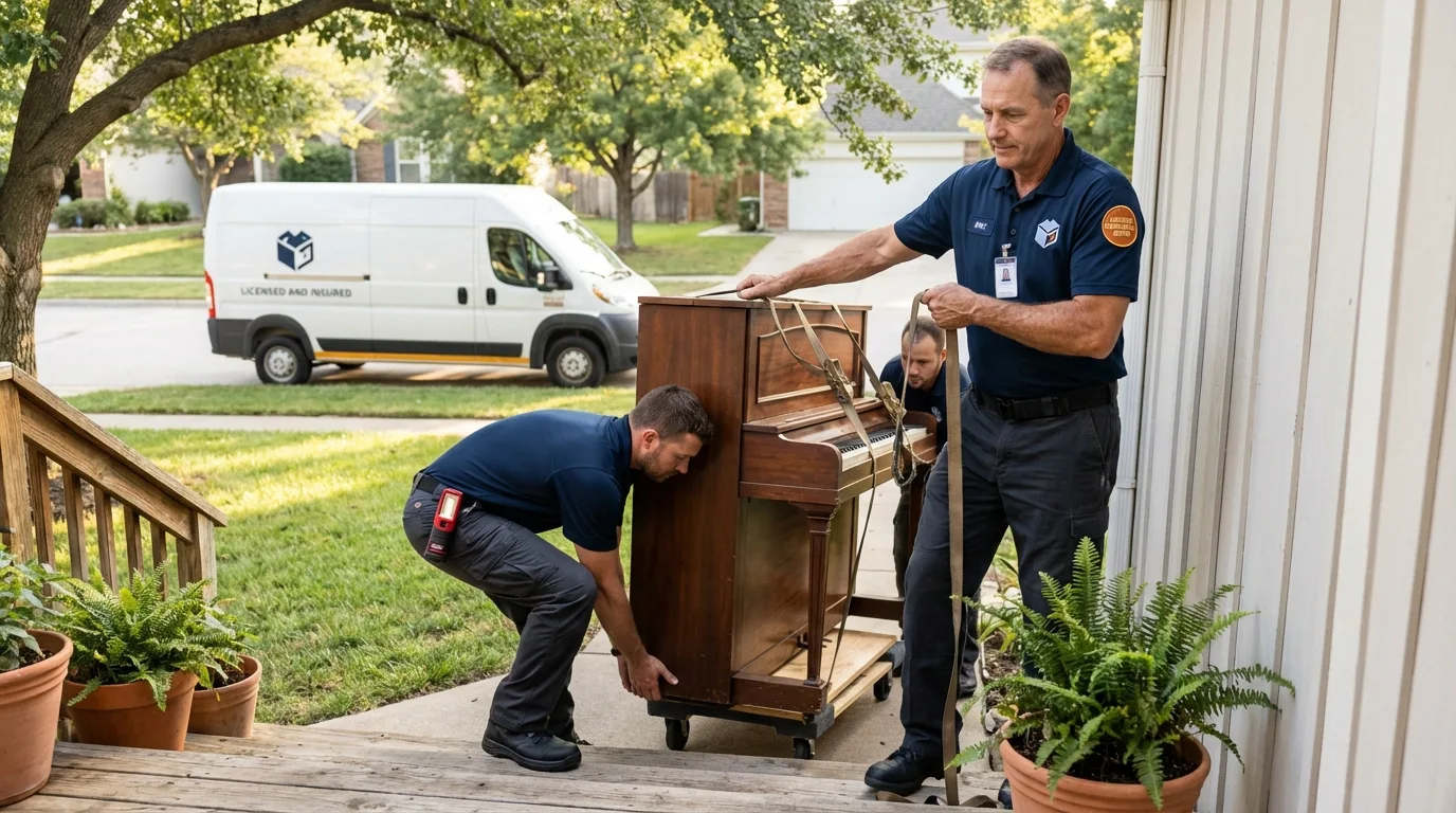 Licensed piano movers securing grand piano in Sarasota, FL