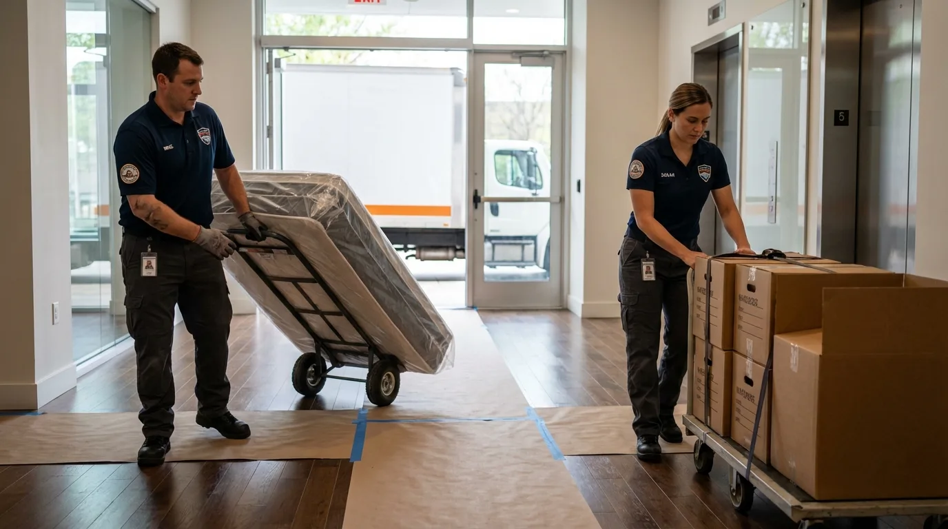Professional apartment movers loading elevator in Sarasota, FL